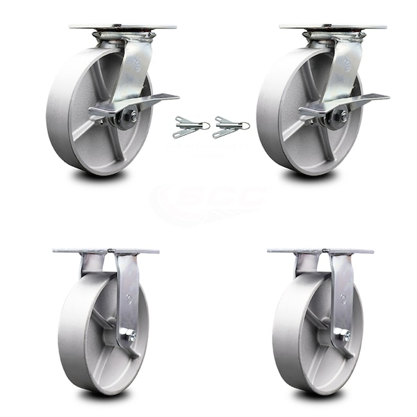 8 Inch Semi Steel Caster Brakes/Swivel Locks and 2 Rigid, 2PK
